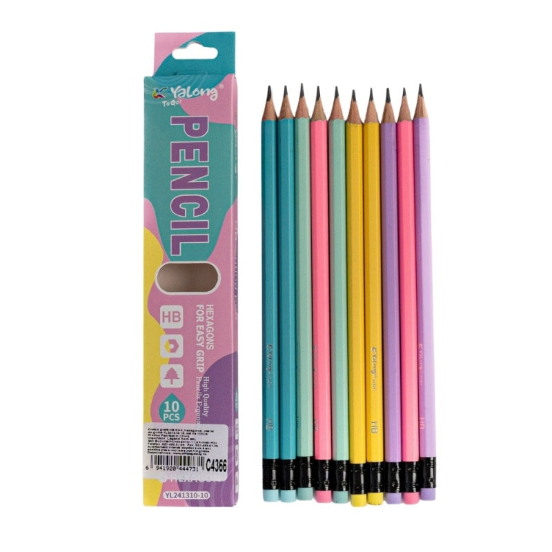 Creion grafit CNX YL241310-10, HB, corp hexagonal, diverse culori pastel, set 10 buc