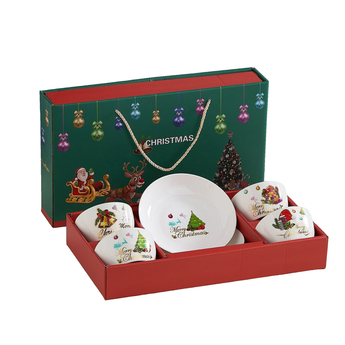 Set Vesela Festiva, Kadeny, Tema Craciun, 4 x Boluri 300 ml, 2 x Farfurii 18 x 3.4 cm, din Ceramica, Model 1, Multicolor