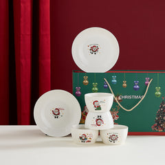Set Vesela Festiva, Kadeny, Tema Craciun, 4 x Boluri 300 ml, 2 x Farfurii 18 x 3.4 cm, din Ceramica, Model 1, Multicolor