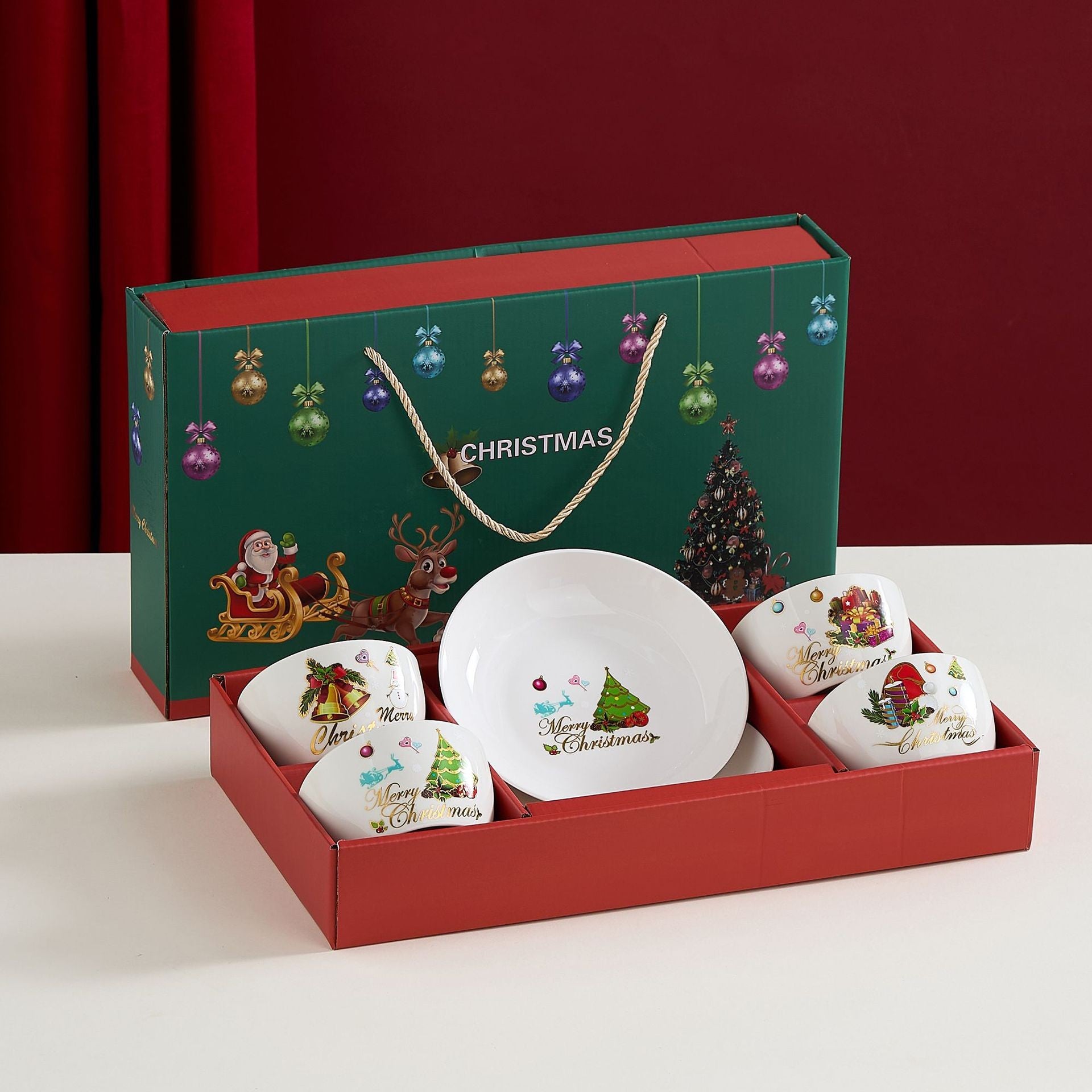 Set Vesela Festiva, Kadeny, Tema Craciun, 4 x Boluri 300 ml, 2 x Farfurii 18 x 3.4 cm, din Ceramica, Model 1, Multicolor