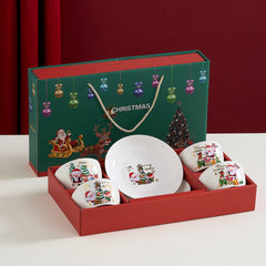 Set Vesela Festiva, Kadeny, Tema Craciun, 4 x Boluri 300 ml, 2 x Farfurii 18 x 3.4 cm, din Ceramica, Model 3, Multicolor