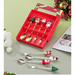 Set 4 Tacamuri, Kadeny, Tema Craciun, 2 Linguri + 2 Furculite, cu Figurine, din Otel Inoxidabil, Cutie Cadou, 19 x 15 x 2.2 cm, Auriu