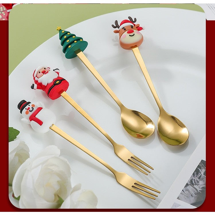 Set 4 Tacamuri, Kadeny, Tema Craciun, 2 Linguri + 2 Furculite, cu Figurine, din Otel Inoxidabil, Cutie Cadou, 19 x 15 x 2.2 cm, Auriu