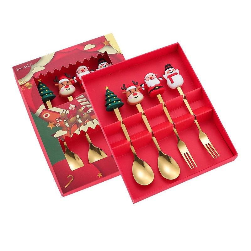 Set 4 Tacamuri, Kadeny, Tema Craciun, 2 Linguri + 2 Furculite, cu Figurine, din Otel Inoxidabil, Cutie Cadou, 19 x 15 x 2.2 cm, Auriu