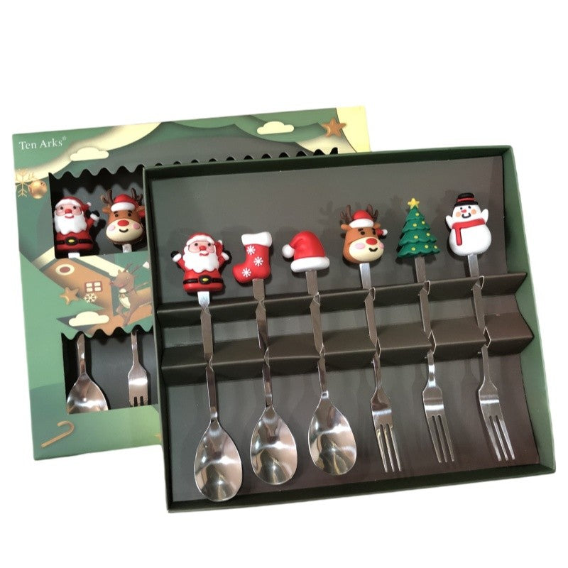 Set 6 Tacamuri, Kadeny, Tema Craciun, 3 Linguri + 3 Furculite, cu Figurine, din Otel Inoxidabil, Cutie Cadou, 19 x 22 x 2.2 cm, Argintiu