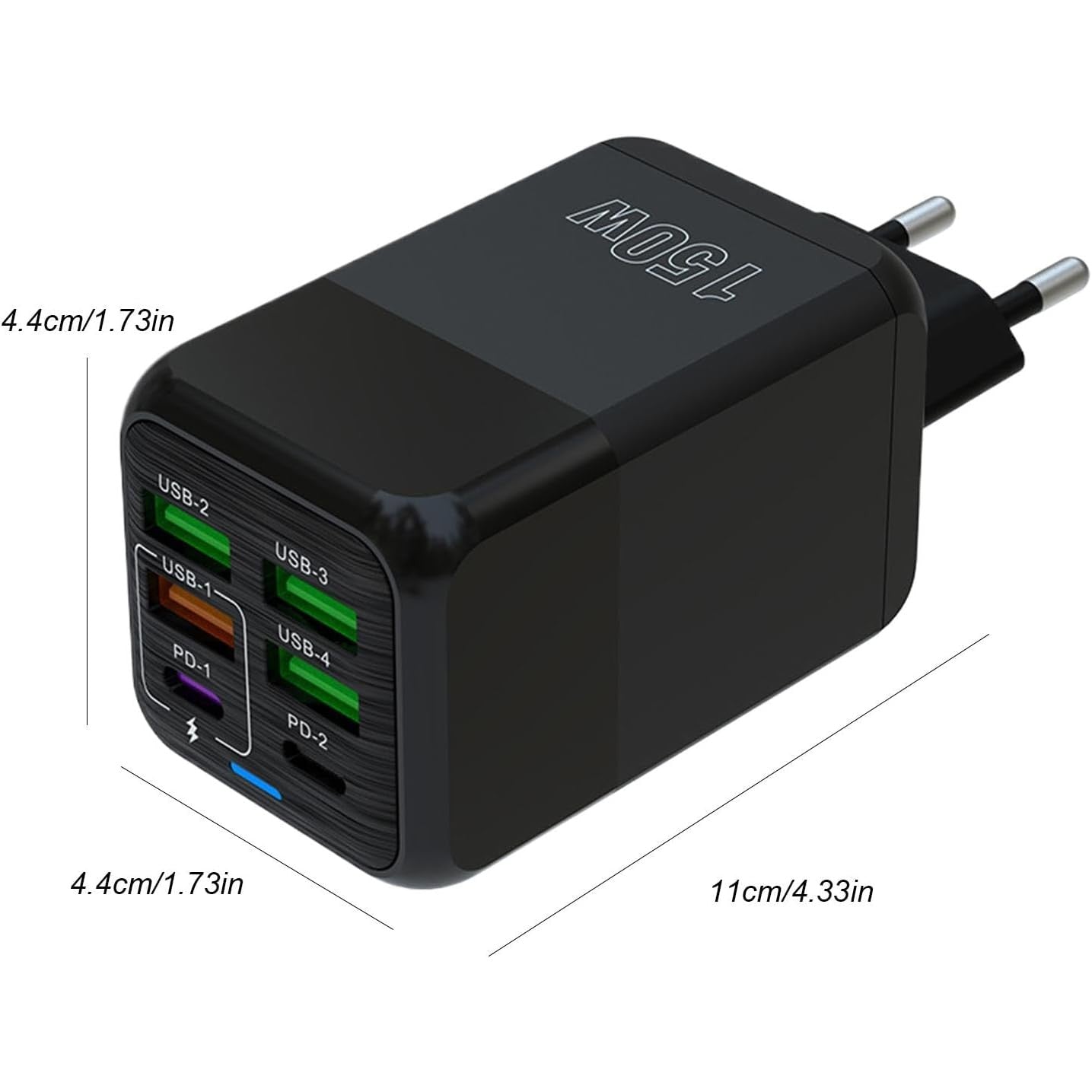 Incarcator Multifunctional, Kadeny®, 6 Porturi (2 x PD Type C + 4 USB), 150 W, 5V, 2.4A, Incarcare Rapida, 4.4 x 4.4 x 11 cm, Negru
