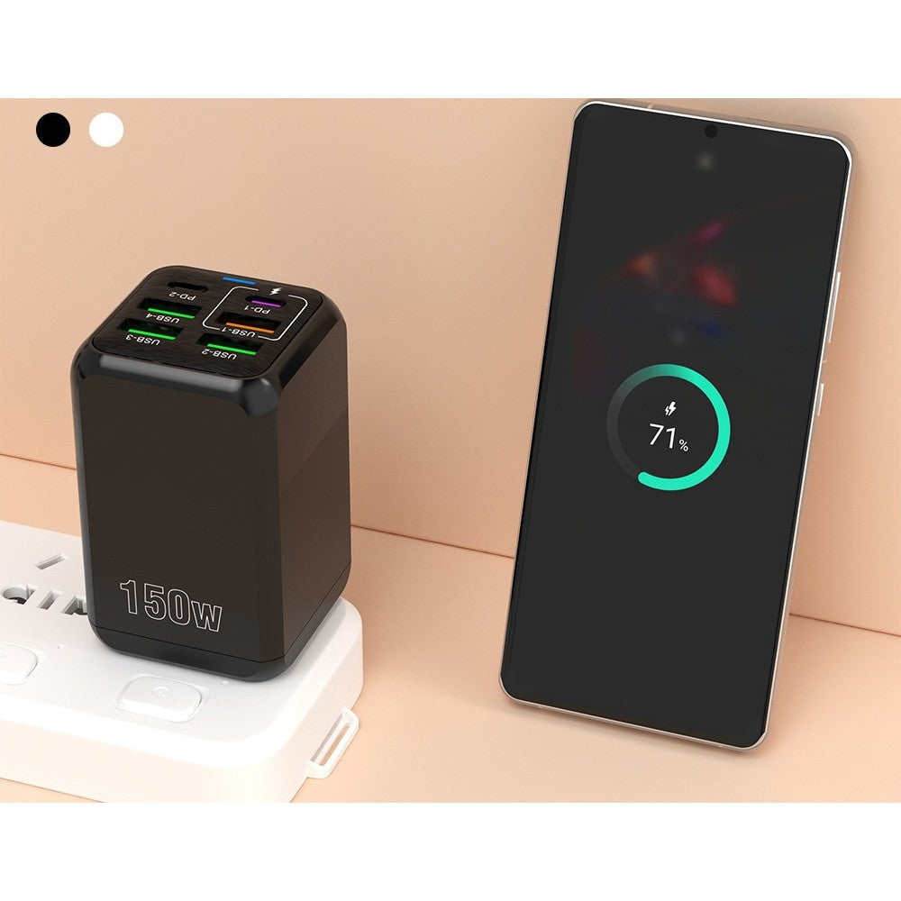 Incarcator Multifunctional, Kadeny®, 6 Porturi (2 x PD Type C + 4 USB), 150 W, 5V, 2.4A, Incarcare Rapida, 4.4 x 4.4 x 11 cm, Negru