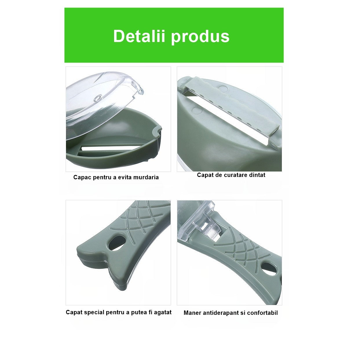 Curatator Manual Solzi de Peste, Kadeny, Forma Peste , Recipient cu Capcac pentru Solzi, Plastic, Verde deschis, 16x6 cm