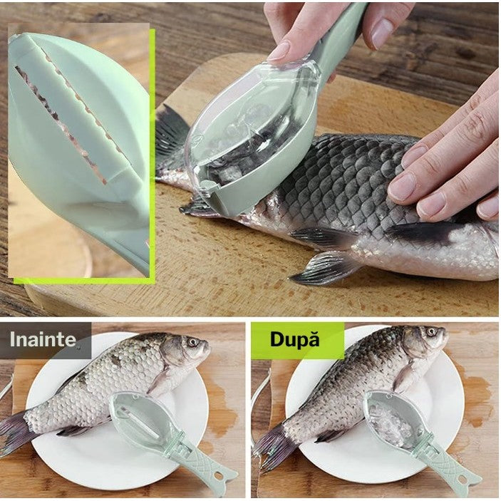 Curatator Manual Solzi de Peste, Kadeny, Forma Peste , Recipient cu Capcac pentru Solzi, Plastic, Verde deschis, 16x6 cm