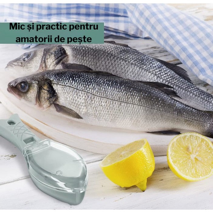 Curatator Manual Solzi de Peste, Kadeny, Forma Peste , Recipient cu Capcac pentru Solzi, Plastic, Verde deschis, 16x6 cm