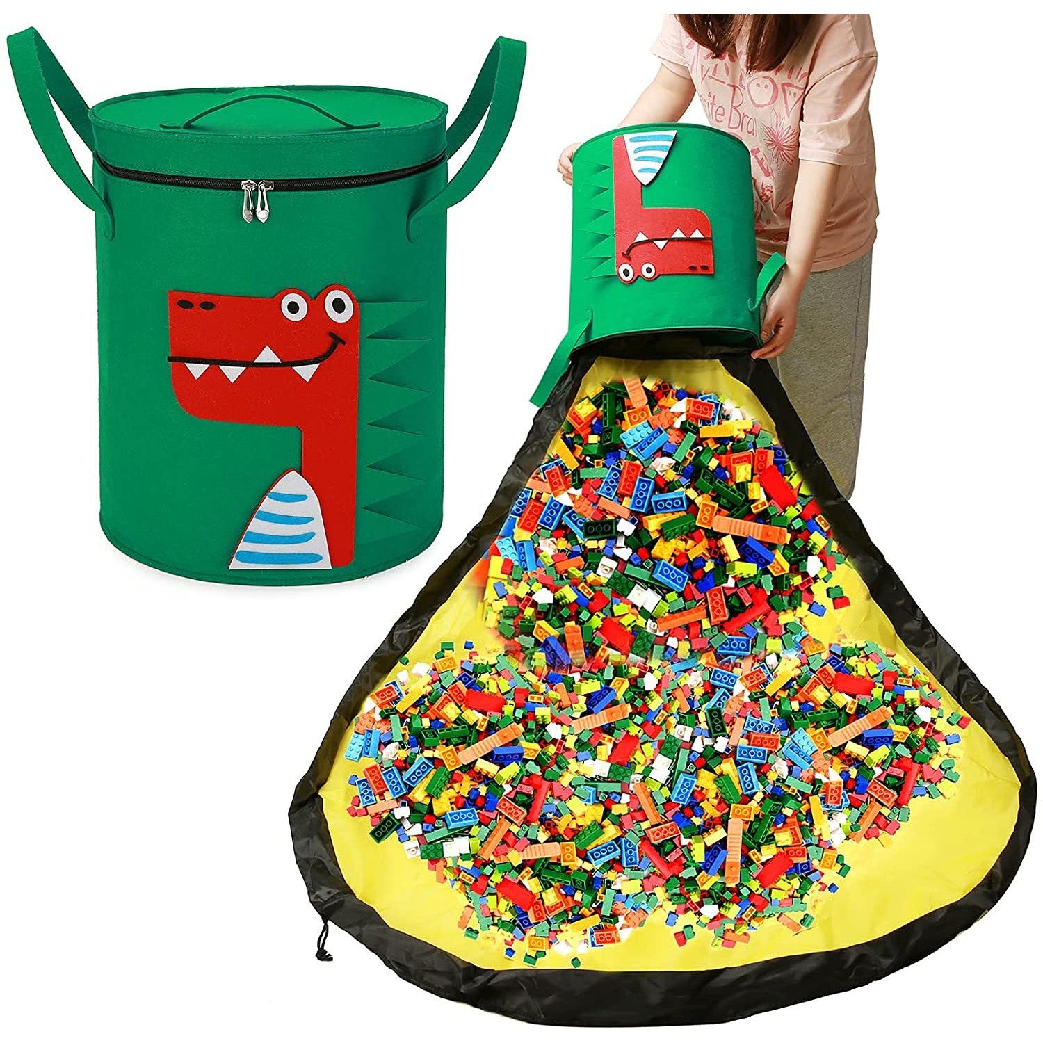 Cutie de Depozitare 2In1, Kaveny, Impermeabila, Covor pentru Jucarii si Lego 150cm, Capacitate Mare, cu Manere, cu Sfori, Inaltime 40cm, Model Crocodil, Verde