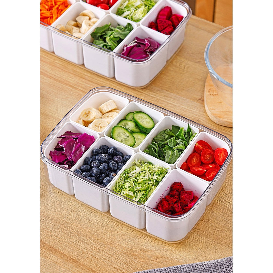 Cutie pentru Depozitare Alimente, Kadeny, 8 Compartimente cu Capac, Material PET+PP, 29 x 20 x 9 cm, Alb/Transparent