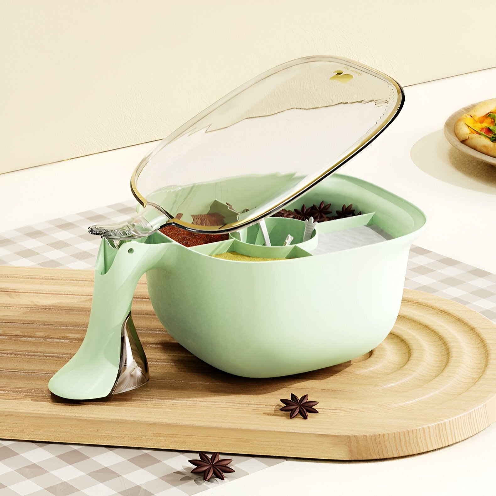 Cutie de Depozitare a Condimentelor, Kadeny, de Uz Casnic, cu Maner Stabil, cu Capac, 4 Compartimente Principale, 21 x 14 x 10 cm, Verde