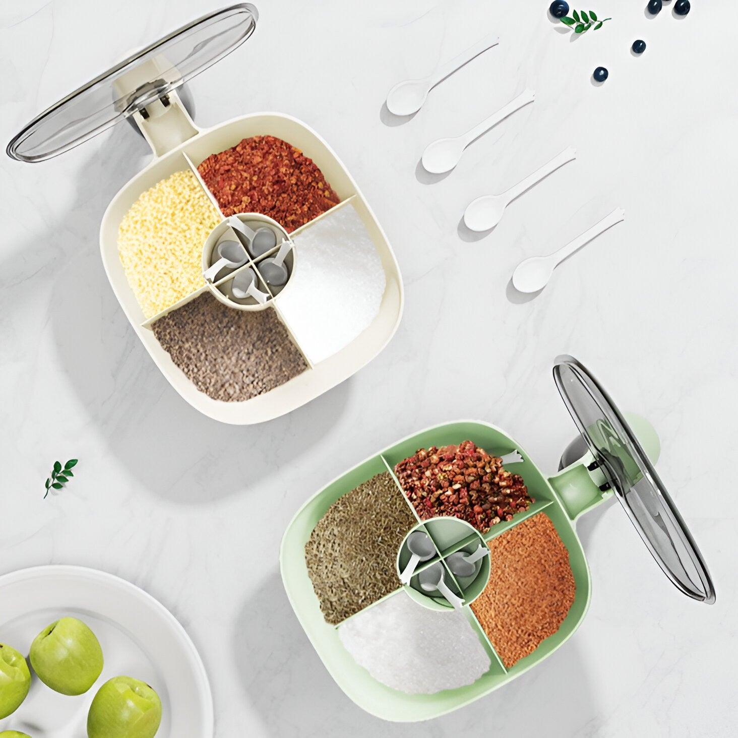 Cutie de Depozitare a Condimentelor, Kadeny, de Uz Casnic, cu Maner Stabil, cu Capac, 4 Compartimente Principale, 21 x 14 x 10 cm, Crem