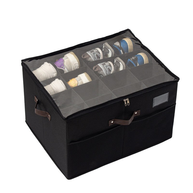 Cutie de Depozitare pentru Pantofi, Kaveny, 53x42x33 cm, cu Capac Transparent si Fermoar, din Panza Oxford, Pliabila, Negru