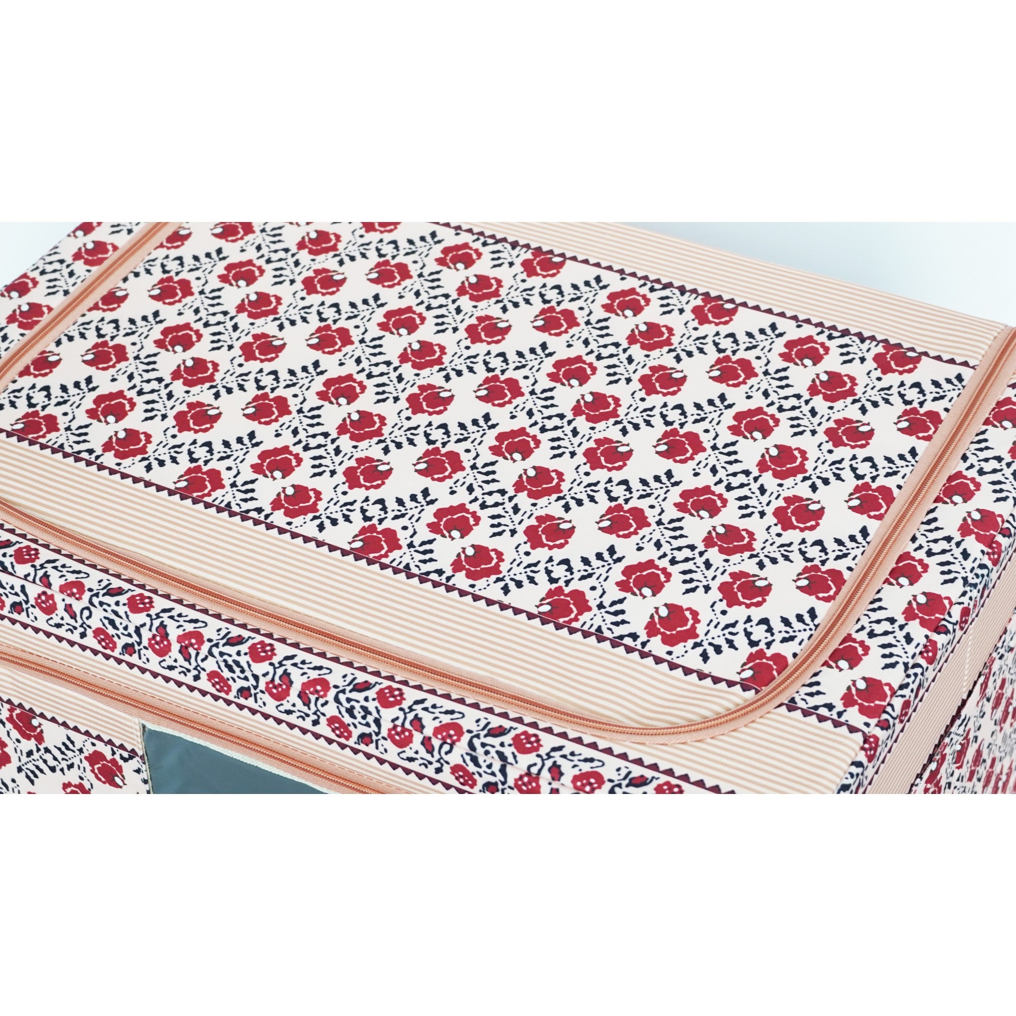 Cutie de Depozitare Pliabila, Kaveny,100 L din Bumbac si In, 60X42X40 cm, Fereastra Frontala, 2 Usi de Acces cu Fermoar Bidirectional, Cadru Metalic, Suport Baza Stabil din Plastic, Motiv Traditional Model 4