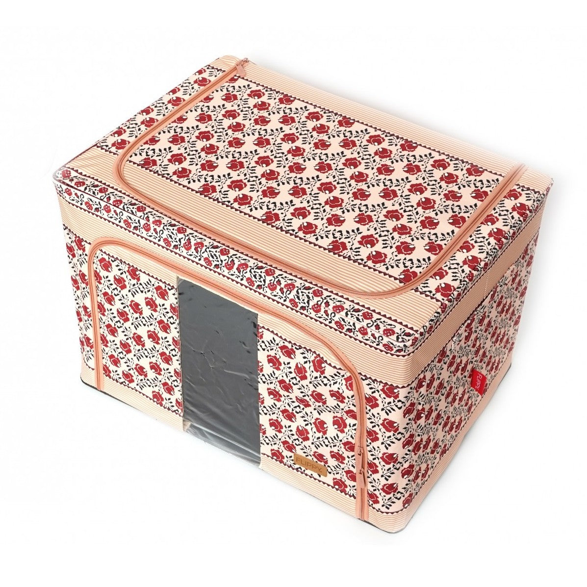Cutie de Depozitare Pliabila, Kaveny,100 L din Bumbac si In, 60X42X40 cm, Fereastra Frontala, 2 Usi de Acces cu Fermoar Bidirectional, Cadru Metalic, Suport Baza Stabil din Plastic, Motiv Traditional Model 4