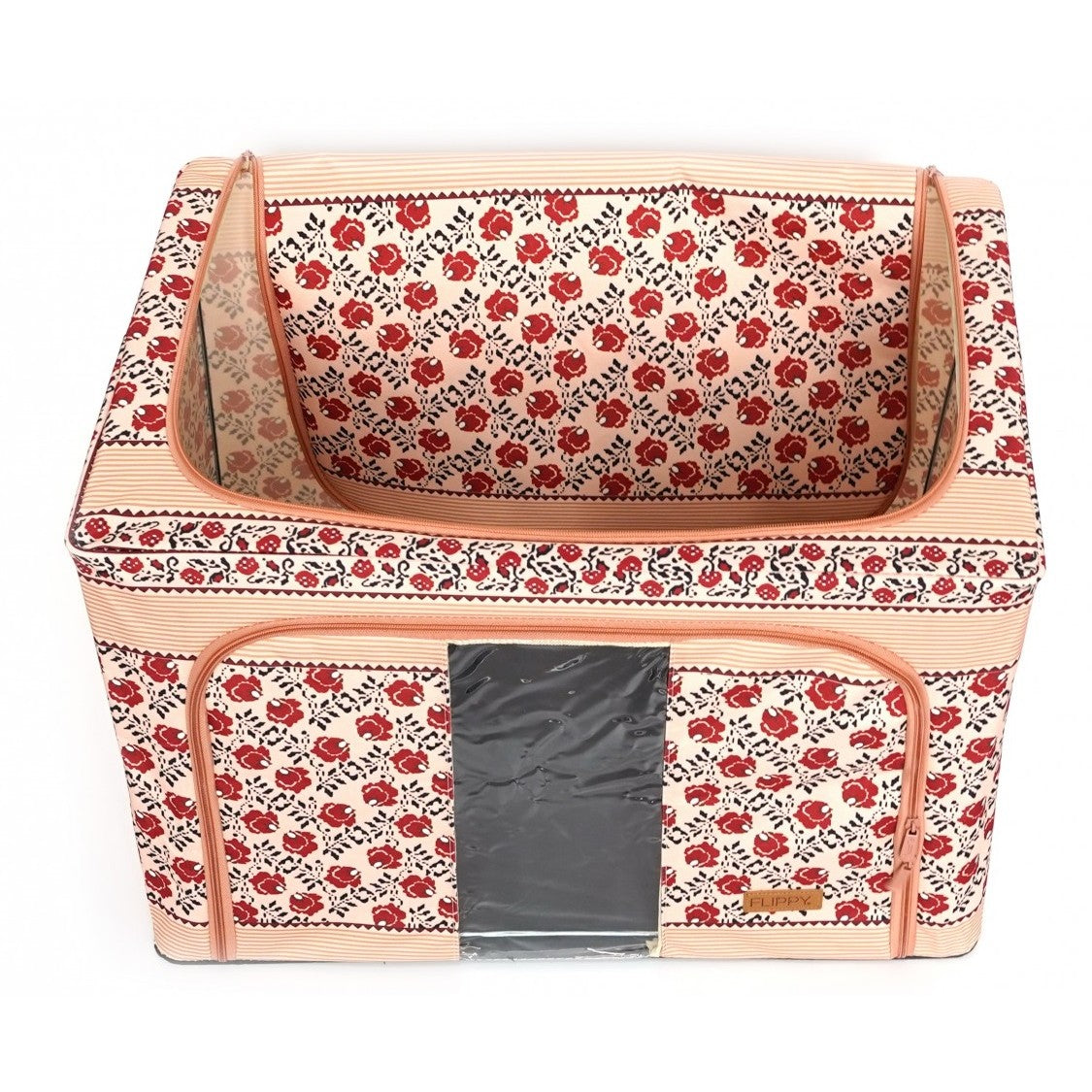 Cutie de Depozitare Pliabila, Kaveny,100 L din Bumbac si In, 60X42X40 cm, Fereastra Frontala, 2 Usi de Acces cu Fermoar Bidirectional, Cadru Metalic, Suport Baza Stabil din Plastic, Motiv Traditional Model 4