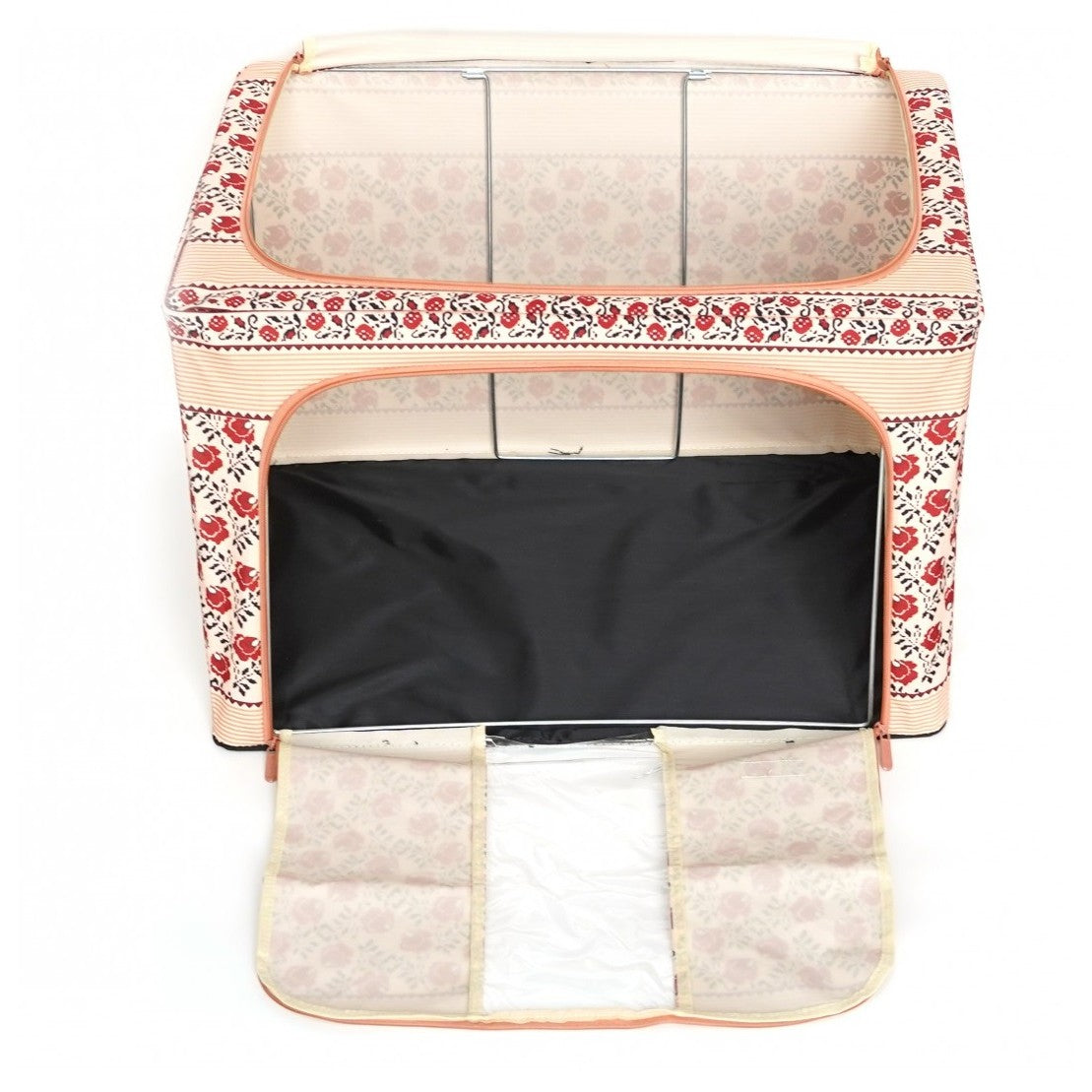 Cutie de Depozitare Pliabila, Kaveny,100 L din Bumbac si In, 60X42X40 cm, Fereastra Frontala, 2 Usi de Acces cu Fermoar Bidirectional, Cadru Metalic, Suport Baza Stabil din Plastic, Motiv Traditional Model 4