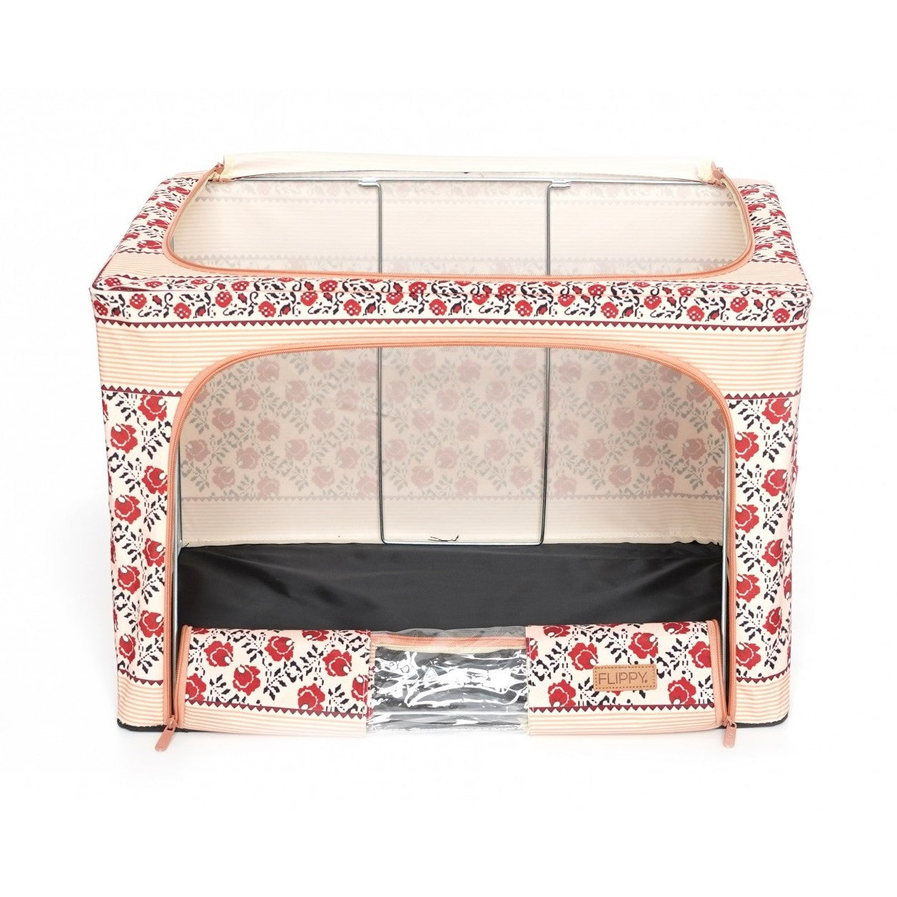 Cutie de Depozitare Pliabila, Kaveny,100 L din Bumbac si In, 60X42X40 cm, Fereastra Frontala, 2 Usi de Acces cu Fermoar Bidirectional, Cadru Metalic, Suport Baza Stabil din Plastic, Motiv Traditional Model 4