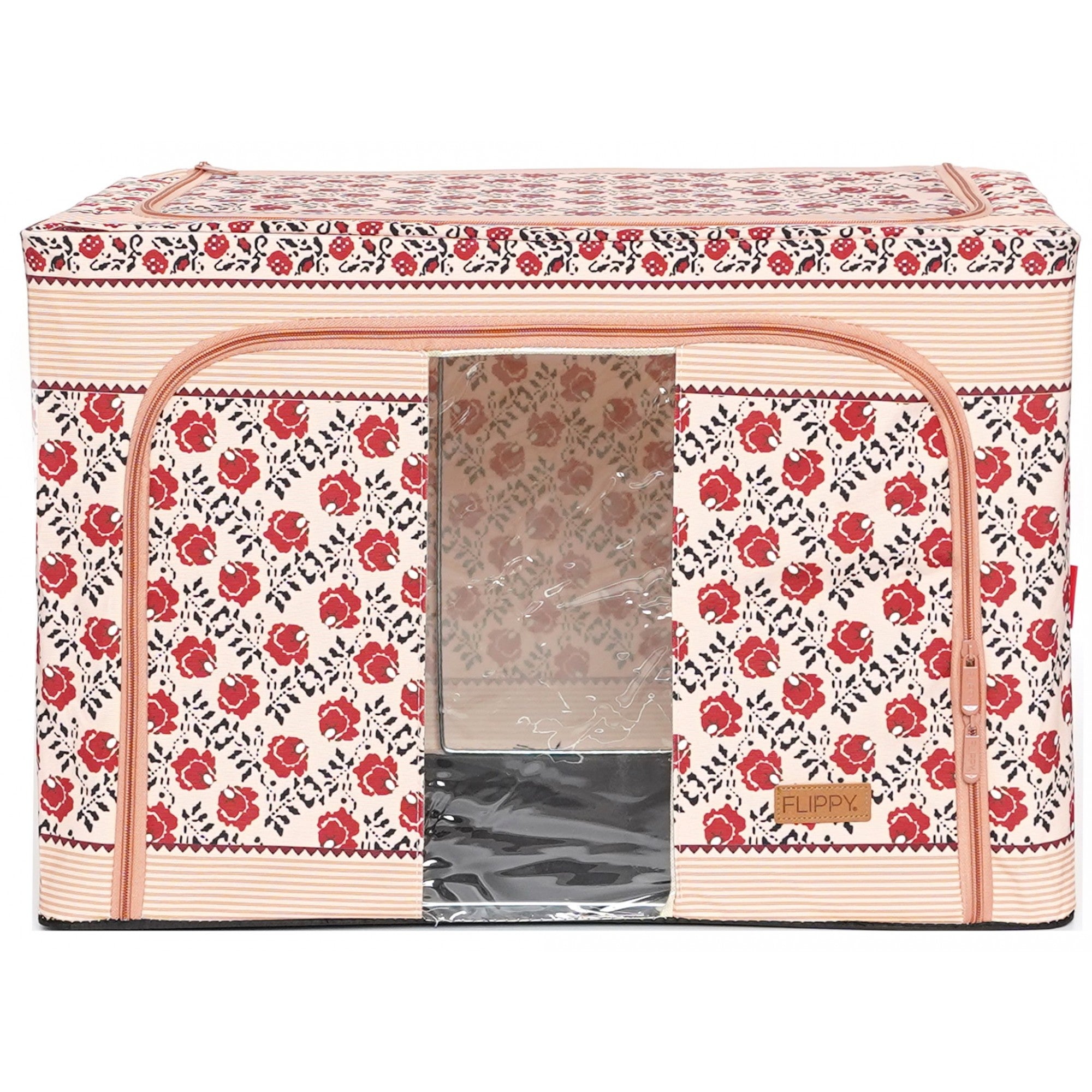 Cutie de Depozitare Pliabila, Kaveny,100 L din Bumbac si In, 60X42X40 cm, Fereastra Frontala, 2 Usi de Acces cu Fermoar Bidirectional, Cadru Metalic, Suport Baza Stabil din Plastic, Motiv Traditional Model 4