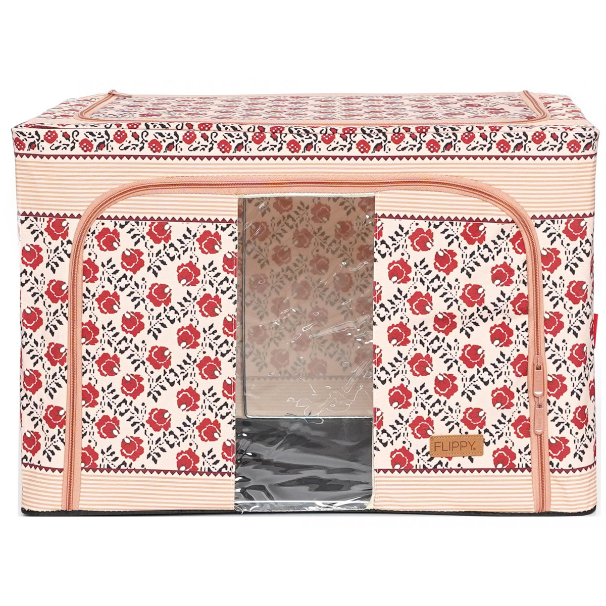 Cutie de Depozitare Pliabila, Kaveny,100 L din Bumbac si In, 60X42X40 cm, Fereastra Frontala, 2 Usi de Acces cu Fermoar Bidirectional, Cadru Metalic, Suport Baza Stabil din Plastic, Motiv Traditional Model 4