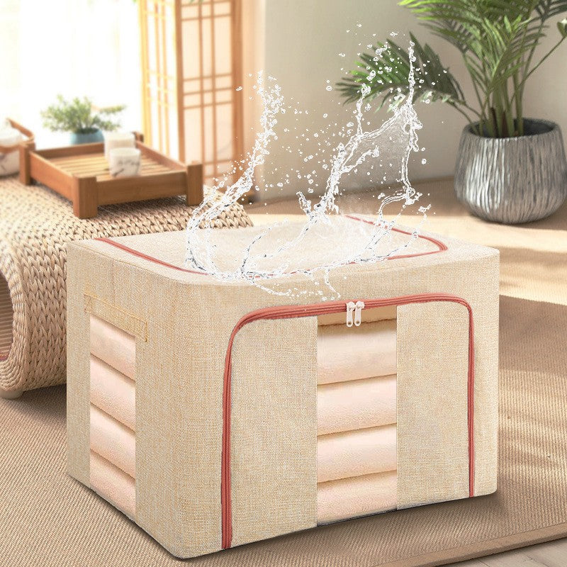Cutie de Depozitare Pliabila, Kaveny, 24 L, din Bumbac si In, 40x30x20 cm, 2 Ferestre, Frontala si Laterala, 2 Usi de Acces cu Fermoar Bidirectional, Cadru Metalic, Suport Baza Stabil din Plastic, Bej