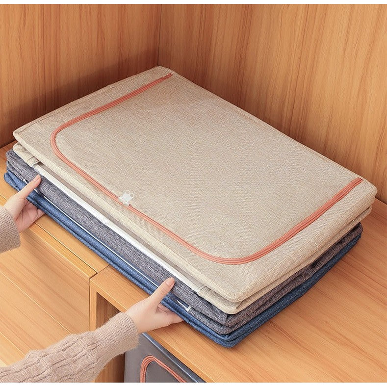 Cutie de Depozitare Pliabila, Kaveny, 24 L, din Bumbac si In, 40x30x20 cm, 2 Ferestre, Frontala si Laterala, 2 Usi de Acces cu Fermoar Bidirectional, Cadru Metalic, Suport Baza Stabil din Plastic, Bej