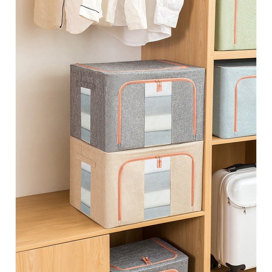 Cutie de Depozitare Pliabila, Kaveny, 24 L, din Bumbac si In, 40x30x20 cm, 2 Ferestre, Frontala si Laterala, 2 Usi de Acces cu Fermoar Bidirectional, Cadru Metalic, Suport Baza Stabil din Plastic, Bej