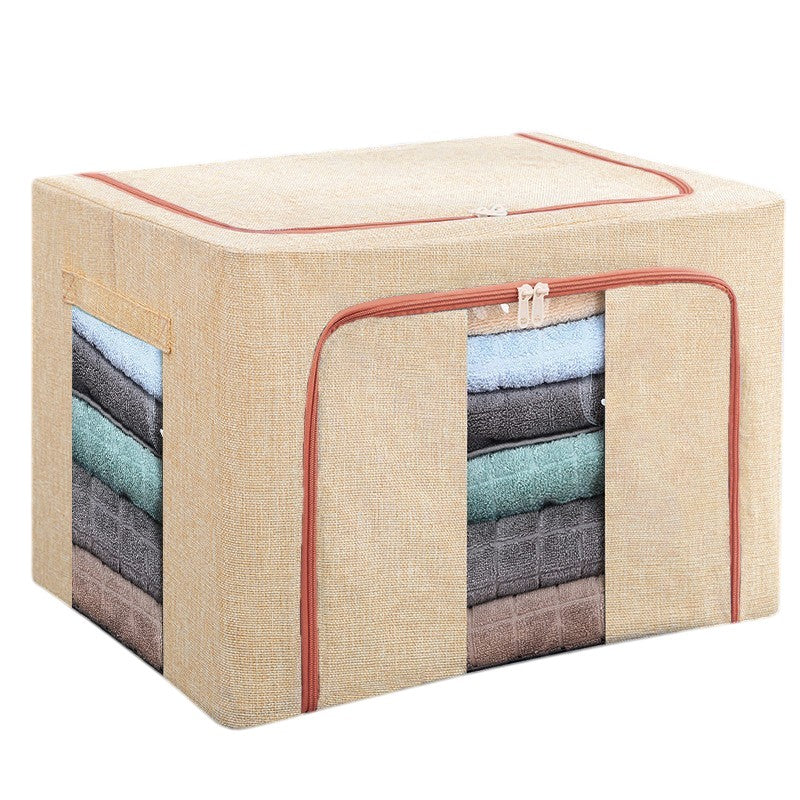 Cutie de Depozitare Pliabila, Kaveny, 24 L, din Bumbac si In, 40x30x20 cm, 2 Ferestre, Frontala si Laterala, 2 Usi de Acces cu Fermoar Bidirectional, Cadru Metalic, Suport Baza Stabil din Plastic, Bej