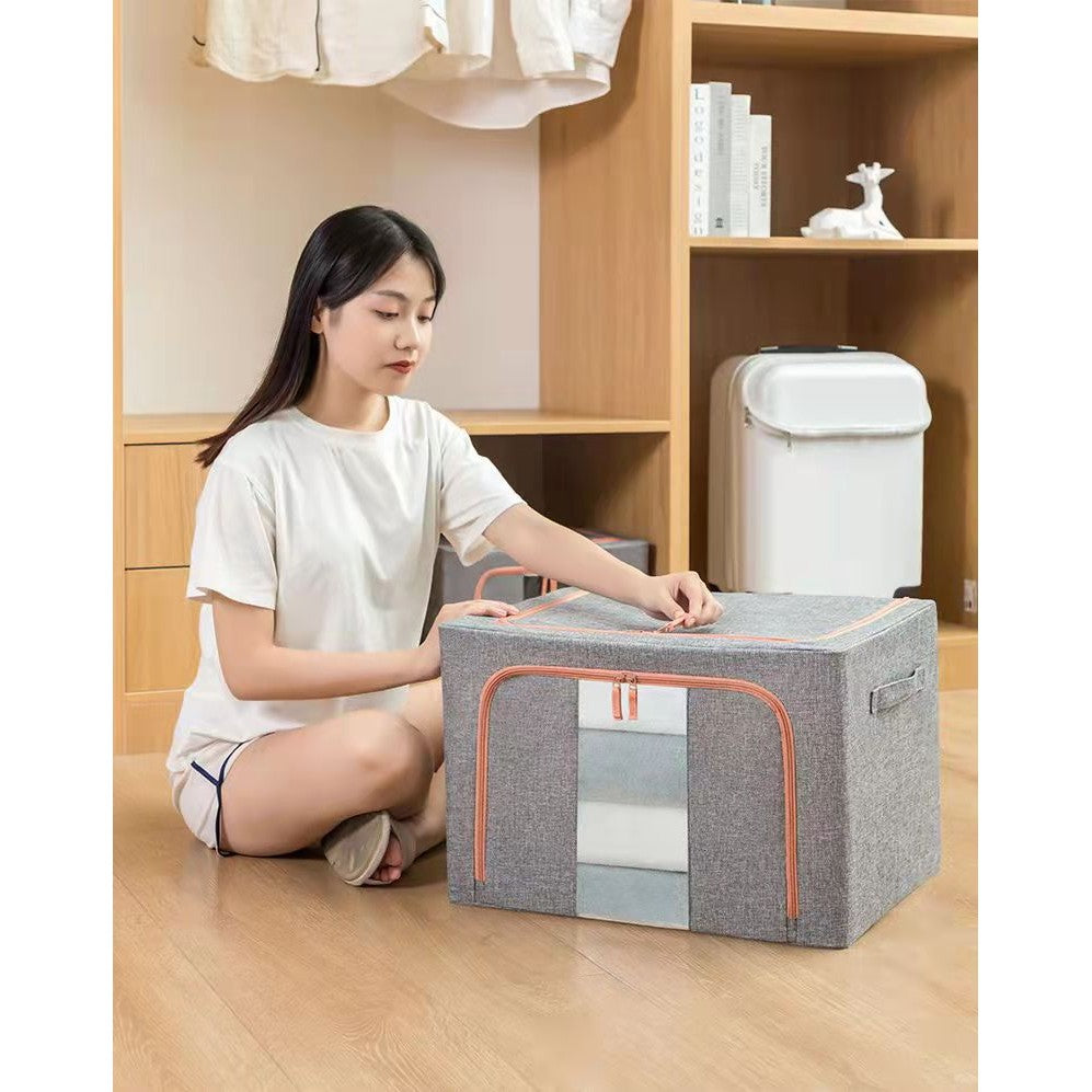 Cutie de Depozitare Pliabila, Kaveny, 24 L, din Bumbac si In, 40x30x20 cm, Fereastra Frontala, 2 Usi de Acces cu Fermoar Bidirectional, Cadru Metalic, Suport Baza Stabil din Plastic, Gri