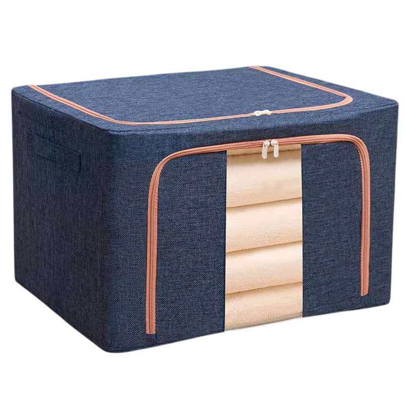Cutie de Depozitare Pliabila, Kaveny, 24 L, din Bumbac si In, 40x30x20 cm, Fereastra Frontala, 2 Usi de Acces cu Fermoar Bidirectional, Cadru Metalic, Suport Baza Stabil din Plastic, Albastru Marin