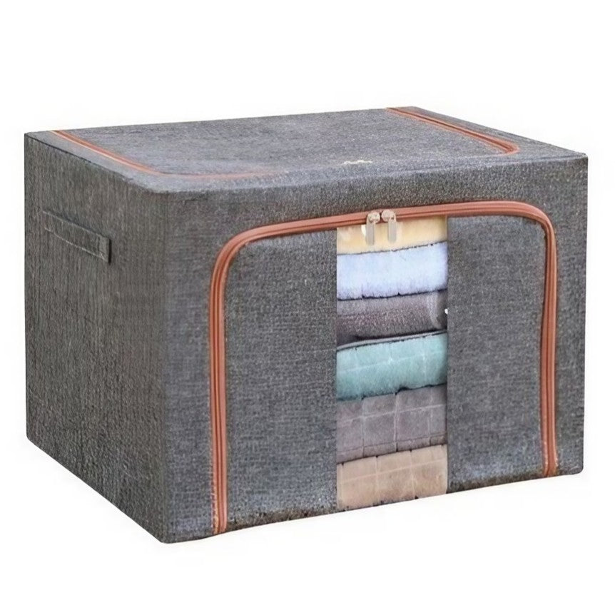 Cutie de Depozitare Pliabila, Kaveny, 24 L, din Bumbac si In, 40x30x20 cm, Fereastra Frontala, 2 Usi de Acces cu Fermoar Bidirectional, Cadru Metalic, Suport Baza Stabil din Plastic, Gri