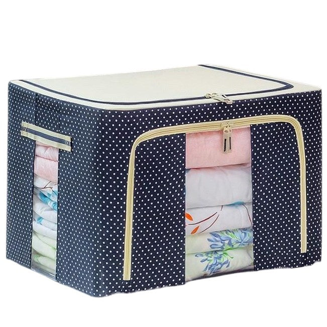 Cutie de Depozitare Pliabila, Kaveny, 24 L, Panza Oxford, 40x30x20 cm, Fereastra Frontala, 2 Usi de Acces cu Fermoar Bidirectional, Cadru Metalic, Suport Baza Stabil din Plastic, Imprimeu buline, Albastru Marin