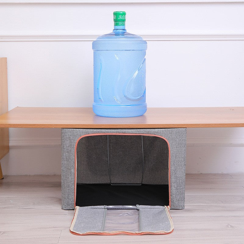 Cutie de Depozitare Pliabila, Kaveny, 66 L, din Bumbac si In, 50x40x33 cm, Fereastra Frontala, 2 Usi de Acces cu Fermoar Bidirectional, Cadru Metalic, Suport Baza Stabil din Plastic, Gri