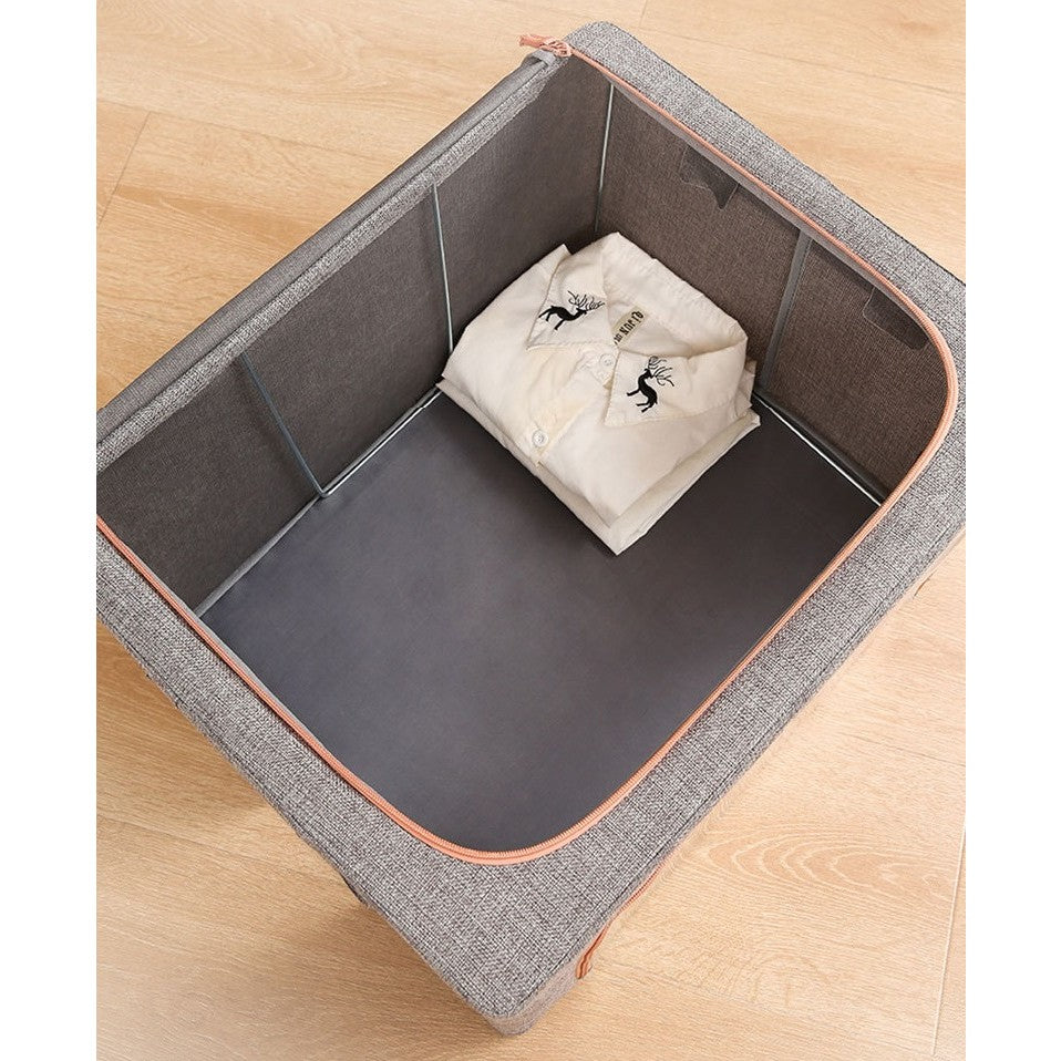 Cutie de Depozitare Pliabila, Kaveny, 66 L, din Bumbac si In, 50x40x33 cm, Fereastra Frontala, 2 Usi de Acces cu Fermoar Bidirectional, Cadru Metalic, Suport Baza Stabil din Plastic, Gri