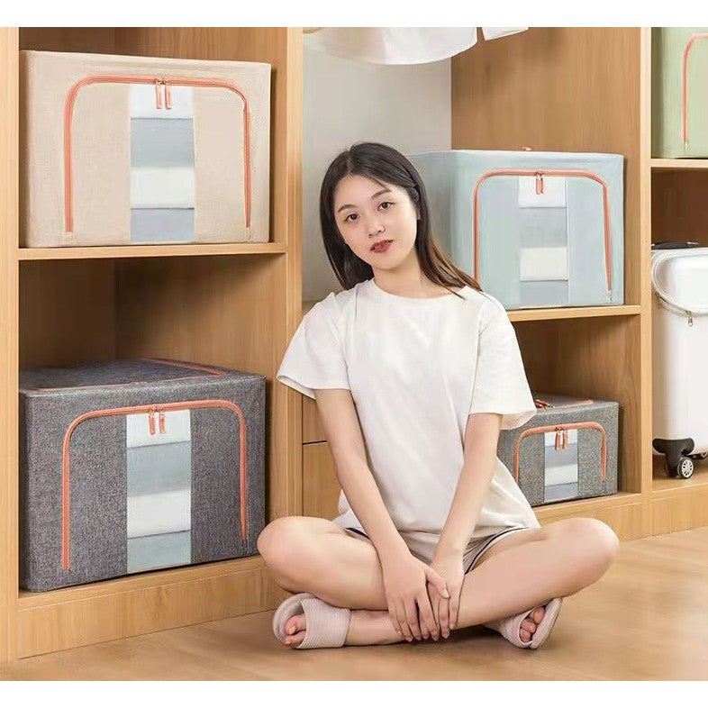 Cutie de Depozitare Pliabila, Kaveny, 66 L, din Bumbac si In, 50x40x33 cm, Fereastra Frontala, 2 Usi de Acces cu Fermoar Bidirectional, Cadru Metalic, Suport Baza Stabil din Plastic, Gri