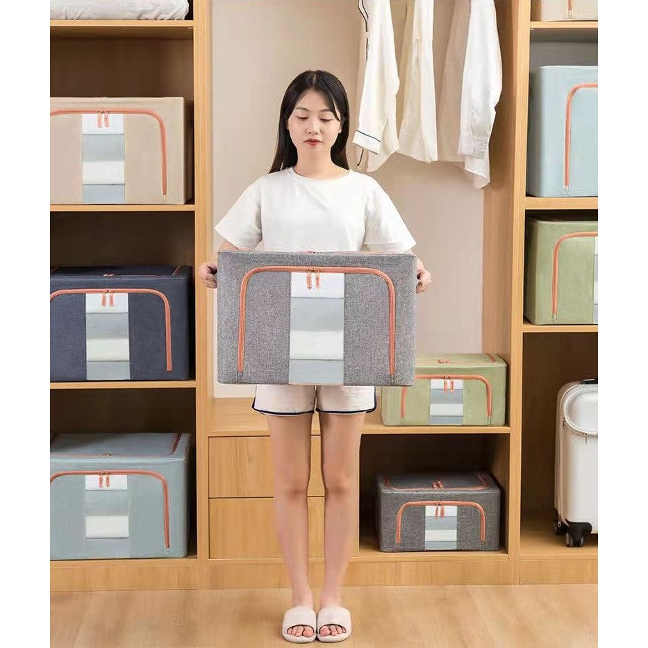 Cutie de Depozitare Pliabila, Kaveny, 66 L, din Bumbac si In, 50x40x33 cm, Fereastra Frontala, 2 Usi de Acces cu Fermoar Bidirectional, Cadru Metalic, Suport Baza Stabil din Plastic, Gri