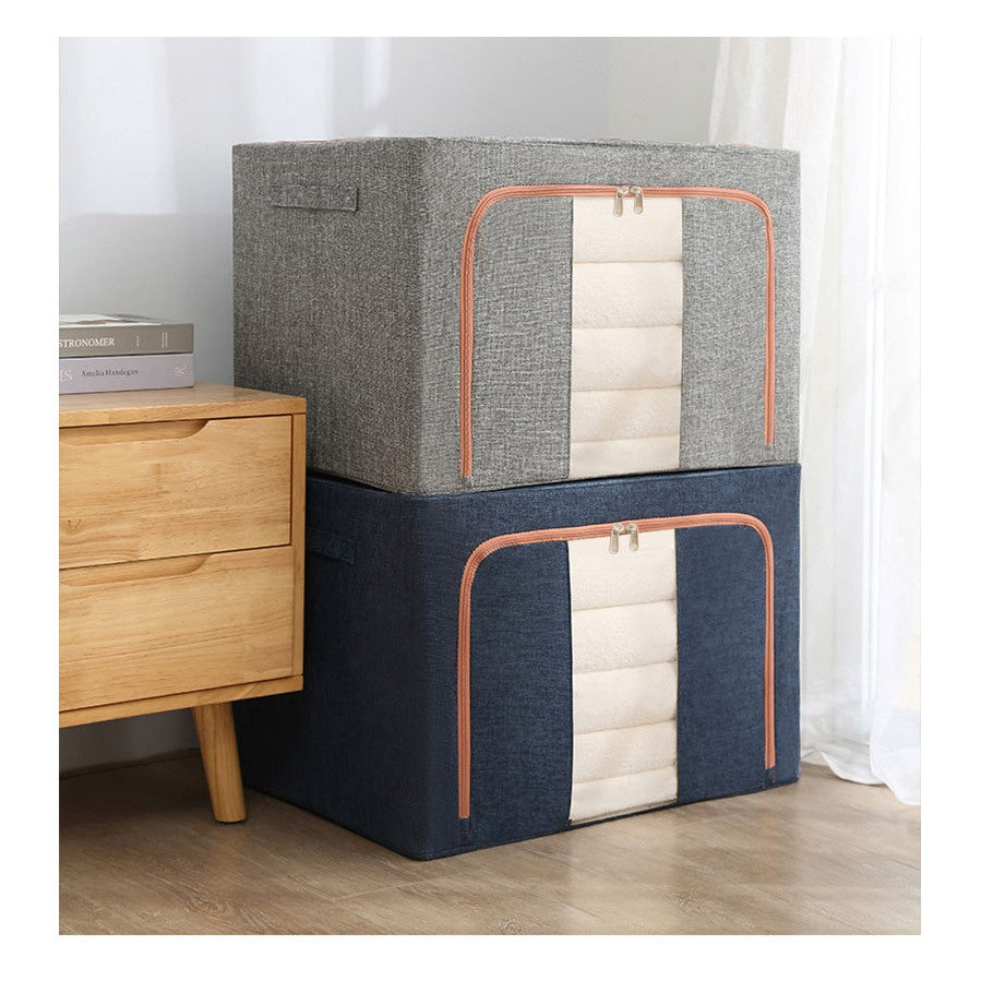 Cutie de Depozitare Pliabila, Kaveny, 66 L, din Bumbac si In, 50x40x33 cm, Fereastra Frontala, 2 Usi de Acces cu Fermoar Bidirectional, Cadru Metalic, Suport Baza Stabil din Plastic, Gri