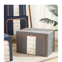 Cutie de Depozitare Pliabila, Kaveny, 66 L, din Bumbac si In, 50x40x33 cm, Fereastra Frontala, 2 Usi de Acces cu Fermoar Bidirectional, Cadru Metalic, Suport Baza Stabil din Plastic, Gri