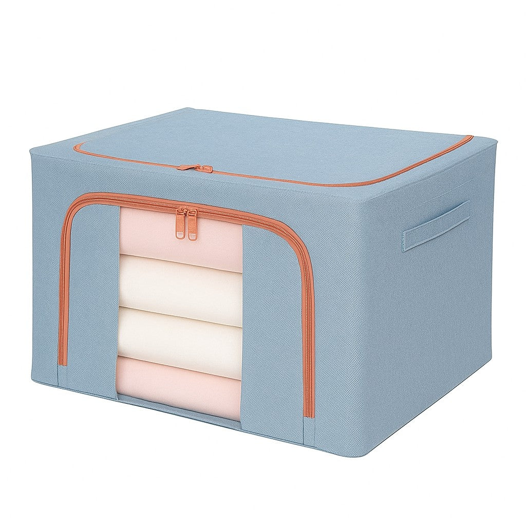 Cutie de Depozitare Pliabila, Kaveny, 66 L, din Bumbac si In, 50x40x33 cm, Fereastra Frontala Transparenta, 2 Usi de Acces cu Fermoar Bidirectional, Cadru Metalic, Suport Baza Stabil din Plastic, Bleu