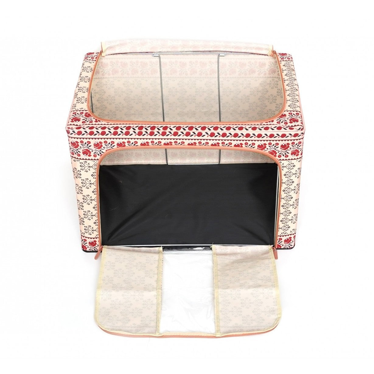 Cutie de Depozitare Pliabila, Kaveny, 66 L din Bumbac si In, 52 x 42 x 39 cm, Fereastra Frontala, 2 Usi de Acces cu Fermoar Bidirectional, Cadru Metalic, Suport Baza Stabil din Plastic, Motiv Traditional Model 6