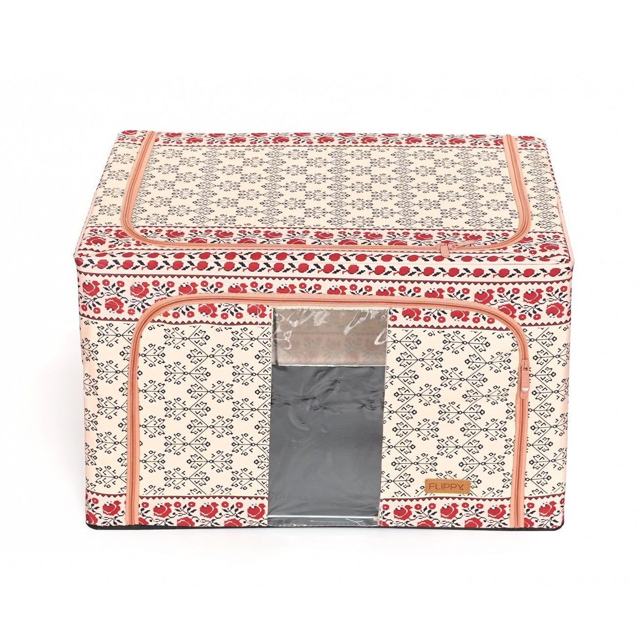Cutie de Depozitare Pliabila, Kaveny, 66 L din Bumbac si In, 52 x 42 x 39 cm, Fereastra Frontala, 2 Usi de Acces cu Fermoar Bidirectional, Cadru Metalic, Suport Baza Stabil din Plastic, Motiv Traditional Model 6