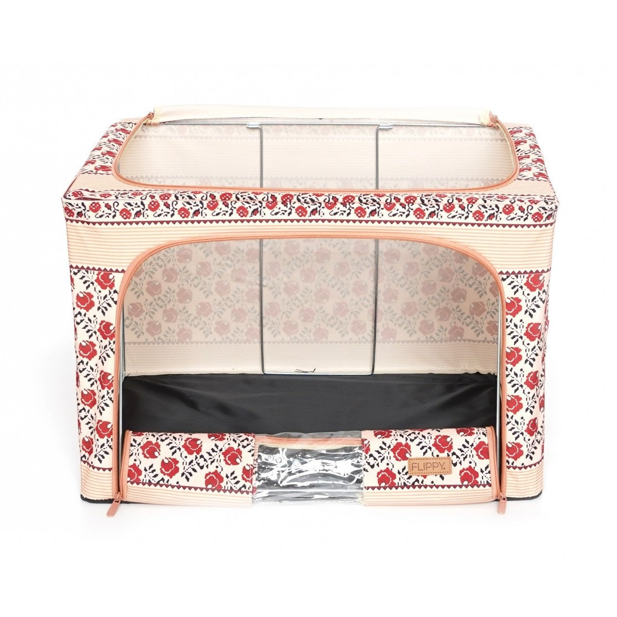 Cutie de Depozitare Pliabila, Kaveny, 66 L din Bumbac si In, 52 x 42 x 39 cm, Fereastra Frontala, 2 Usi de Acces cu Fermoar Bidirectional, Cadru Metalic, Suport Baza Stabil din Plastic, Motiv Traditional Model 7