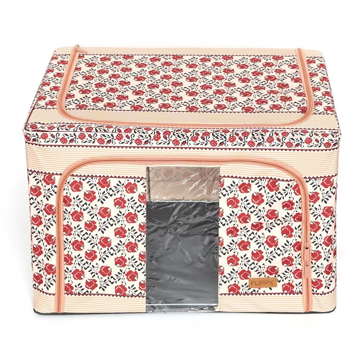 Cutie de Depozitare Pliabila, Kaveny, 66 L din Bumbac si In, 52 x 42 x 39 cm, Fereastra Frontala, 2 Usi de Acces cu Fermoar Bidirectional, Cadru Metalic, Suport Baza Stabil din Plastic, Motiv Traditional Model 7