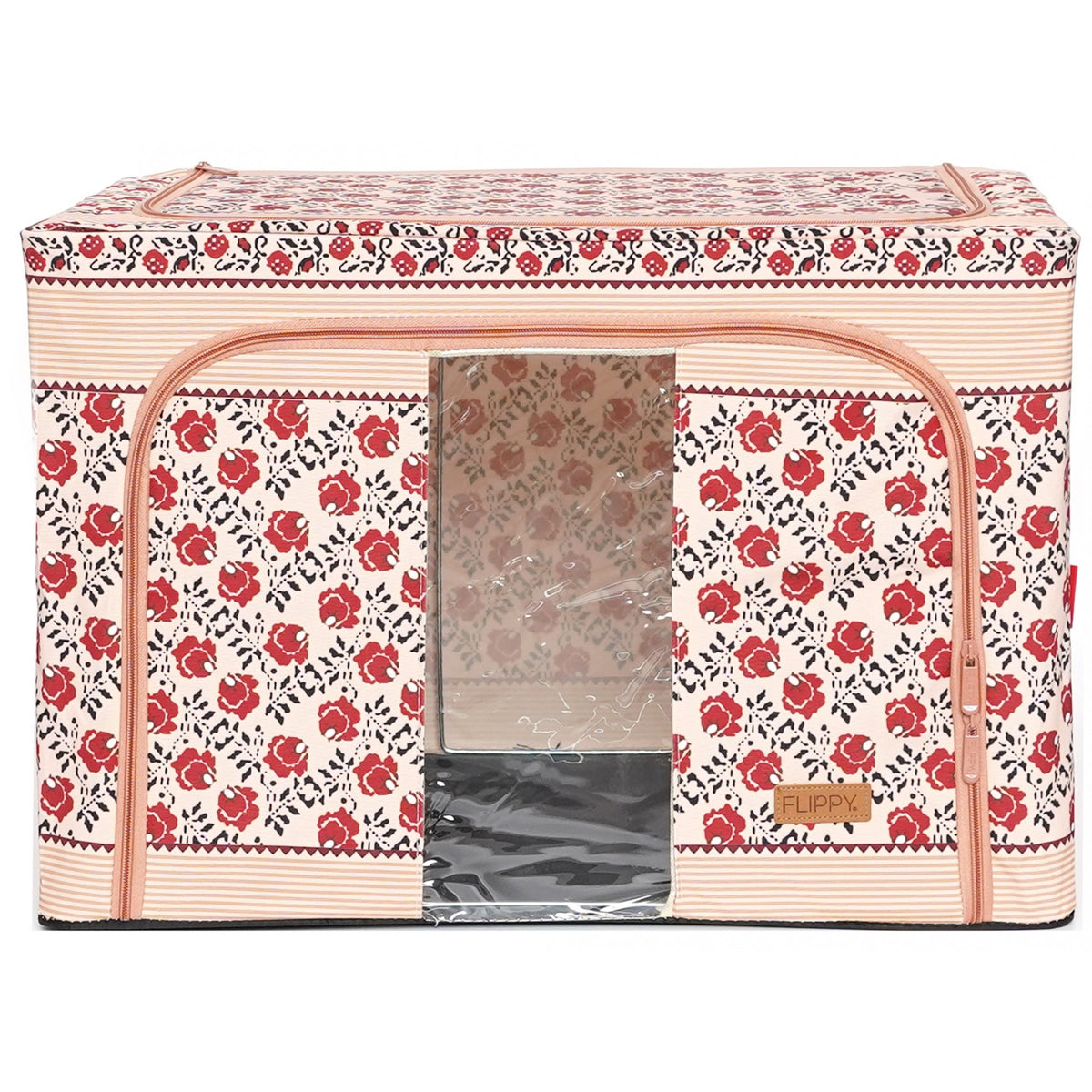 Cutie de Depozitare Pliabila, Kaveny, 66 L din Bumbac si In, 52 x 42 x 39 cm, Fereastra Frontala, 2 Usi de Acces cu Fermoar Bidirectional, Cadru Metalic, Suport Baza Stabil din Plastic, Motiv Traditional Model 7