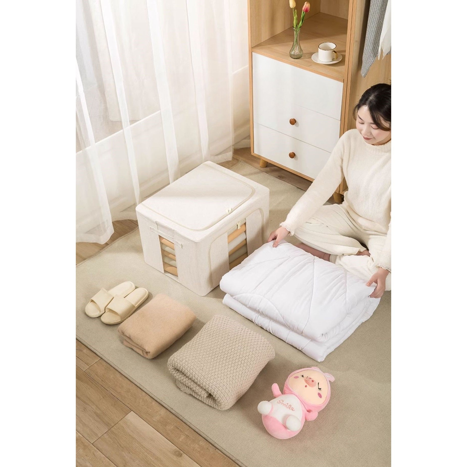 Cutie de Depozitare Pliabila, Kaveny, Cu Fereastra si Fermoar Dublu, 66 L, Textil Premium, 50x40x33 cm, Cadru Metalic, Impermeabila, Bej