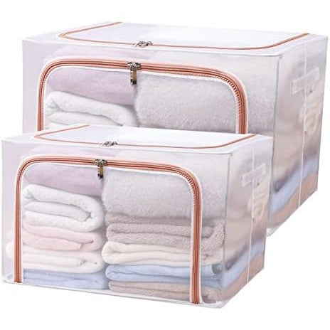 Cutie de Depozitare Pliabila, Kaveny, Cu Fereastra si Fermoar Dublu Rosu, 66 L, Textil, 50x40x33 cm, Cadru Metalic, Impermeabila, Transparent