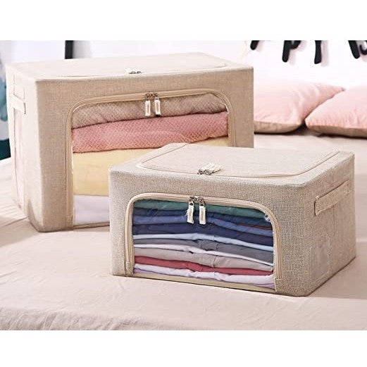 Cutie de depozitare pliabila, Kaveny, Cu fermoar, 100 L, Textil, 60x42x40 cm, Cadru Metalic, Suport Baza Stabil din Plastic, Crem cu Doua Ferestre