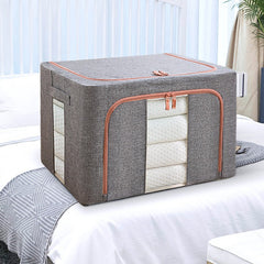 Cutie de depozitare pliabila, Kaveny, Cu fermoar, 100 L, Textil, 60x42x40 cm, Cadru Metalic, Suport Baza Stabil din Plastic, Gri, Cu doua ferestre